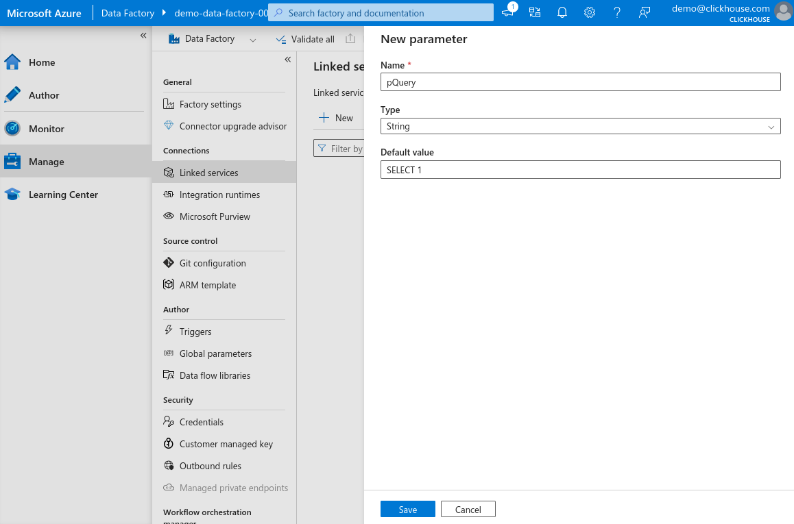 Параметры новой связанной службы