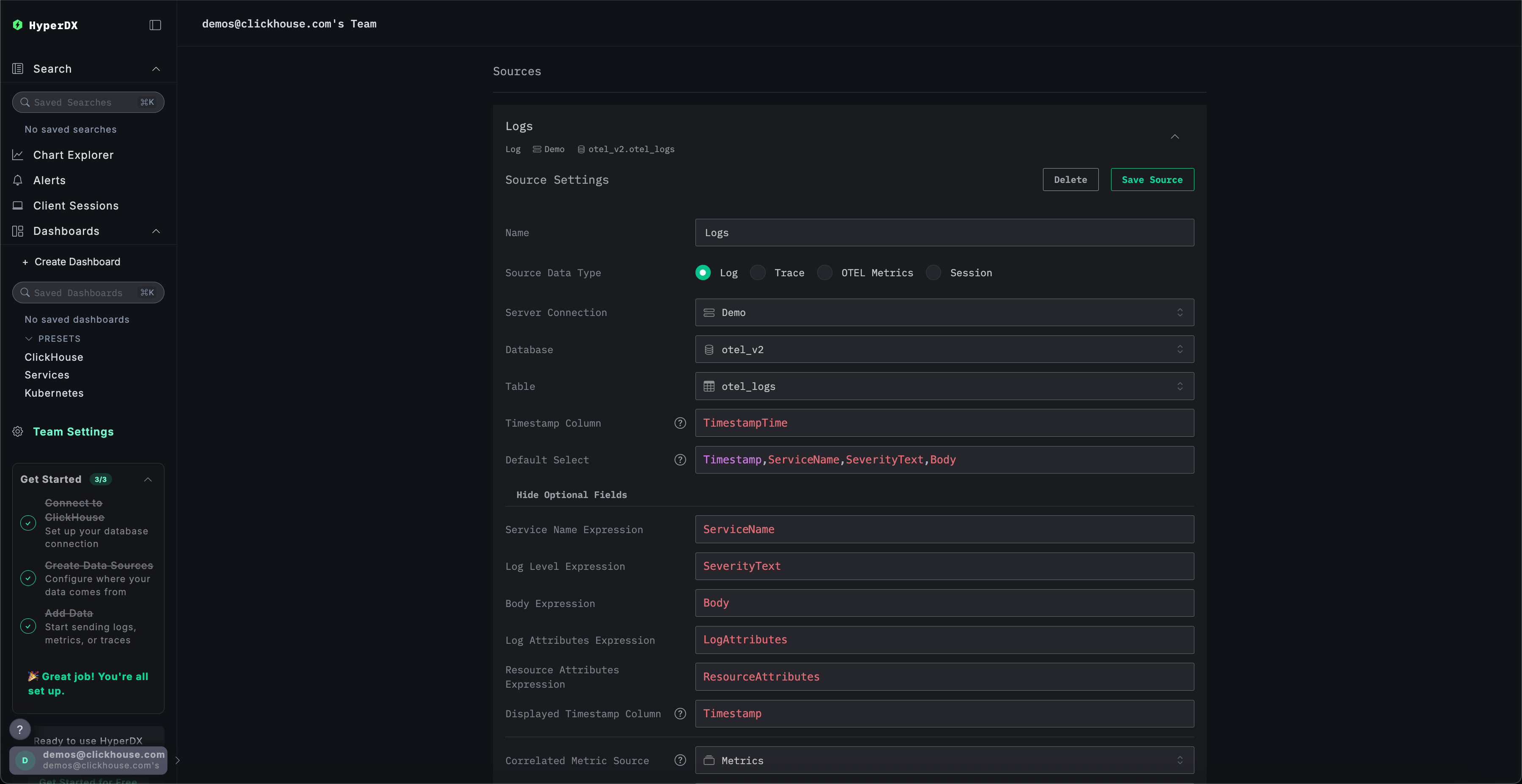 HyperDX Source configuration