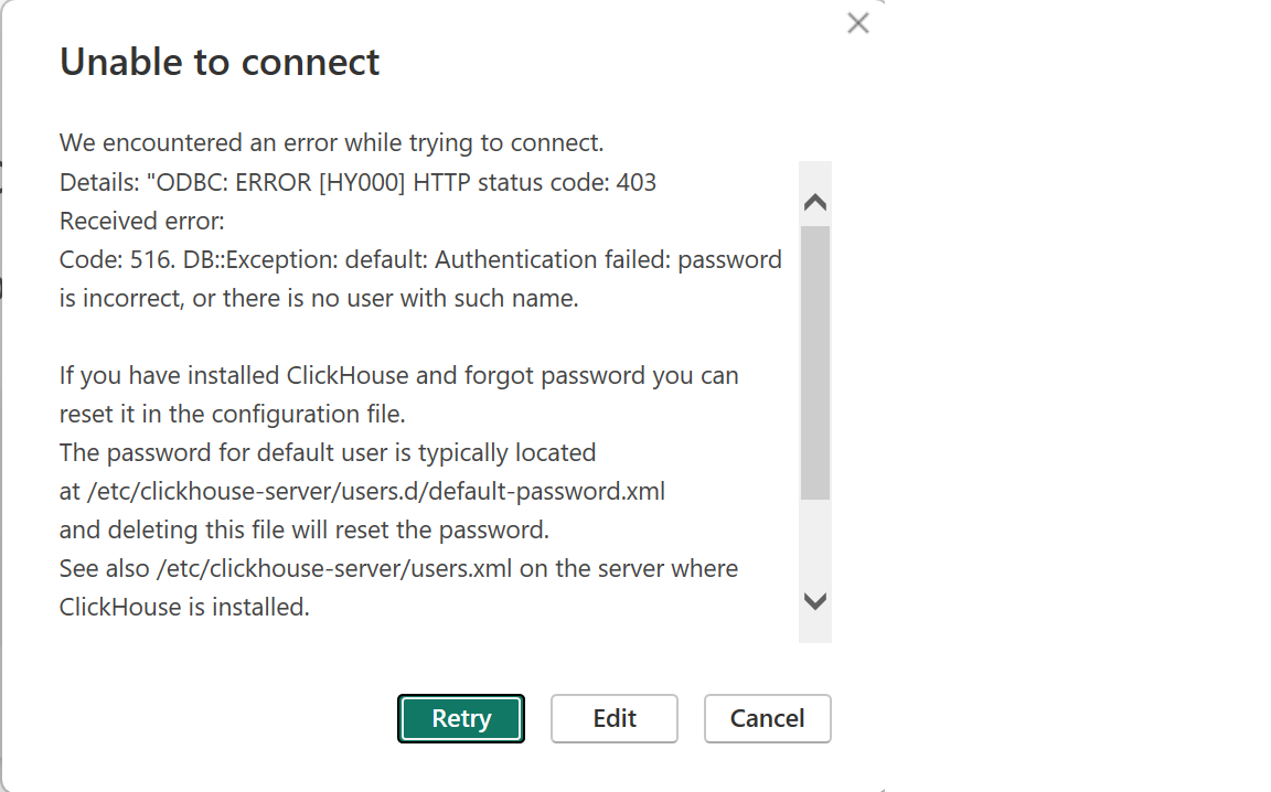Power BI ODBC authentication error dialog