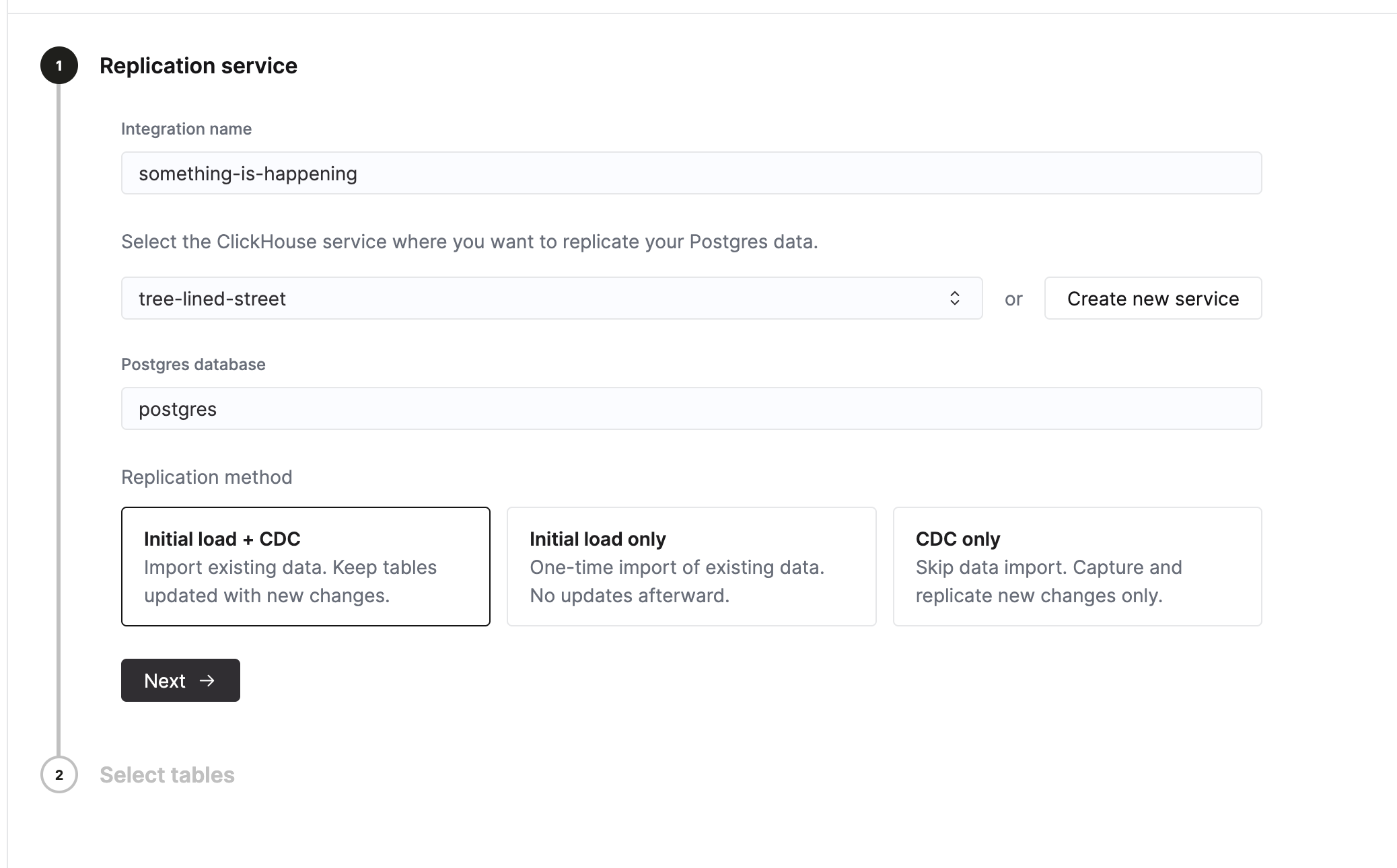 Конфигурация сервиса репликации, показывающая имя интеграции, целевой сервис и параметры метода репликации